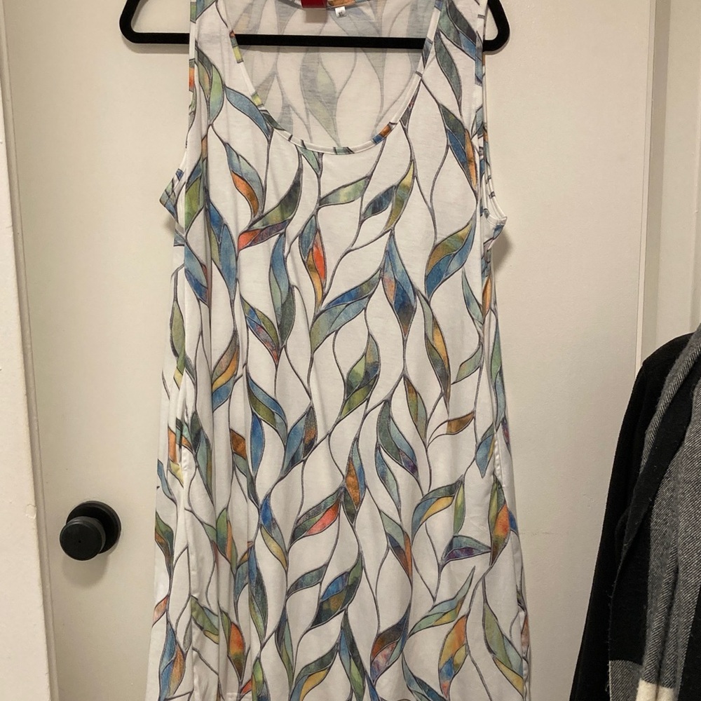 4/$10 Sleeveless White Summer Dress with Multicolor Leaf Print